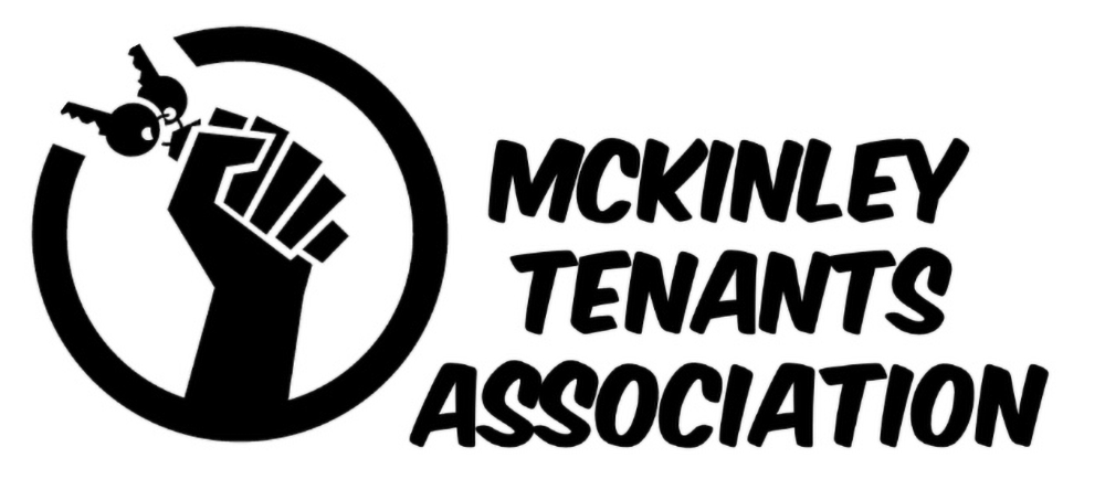 A black fist holding up two keys, surrounded by a circle. To the right, there is text that reads McKinley Tenants Association.