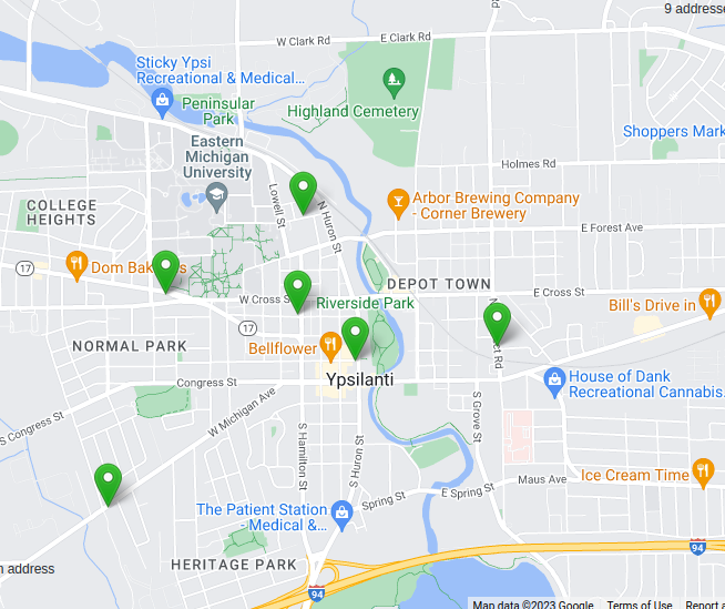 A map of Ypsilanti, with location markers to indicate rental properties.