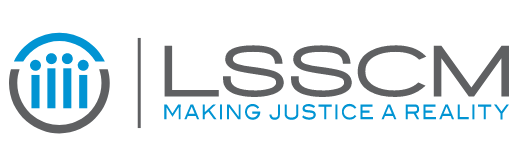 Logo of four pegs surrounded by a circle. Text that reads "LSSCM, making justice a reality."